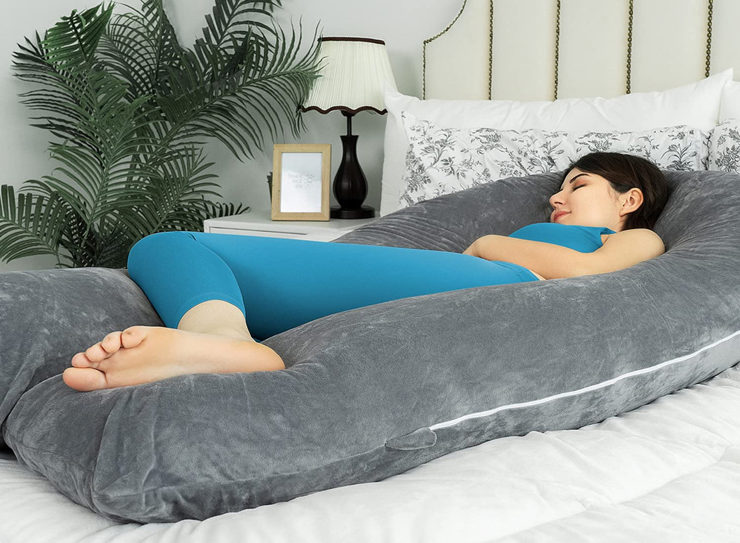QUEEN ROSE Pregnancy Pillows for Sleeping, U Shaped Body Pillow for Pregnancy, 65 inch Maternity Pillow for Tall Pregnant Women with Gray Velvet Cover