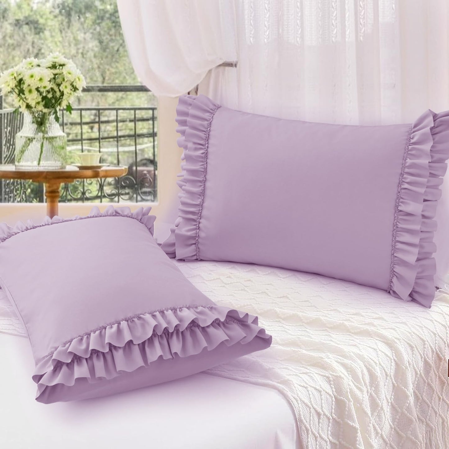 RUDONG M Ruffled Pillow Cases Set of 2, Standard Microfiber Pillowcases, Decorative Ruffle Pillow Covers with Envelope Closure, 20x26 Inches Purple Boho Pillow Shams