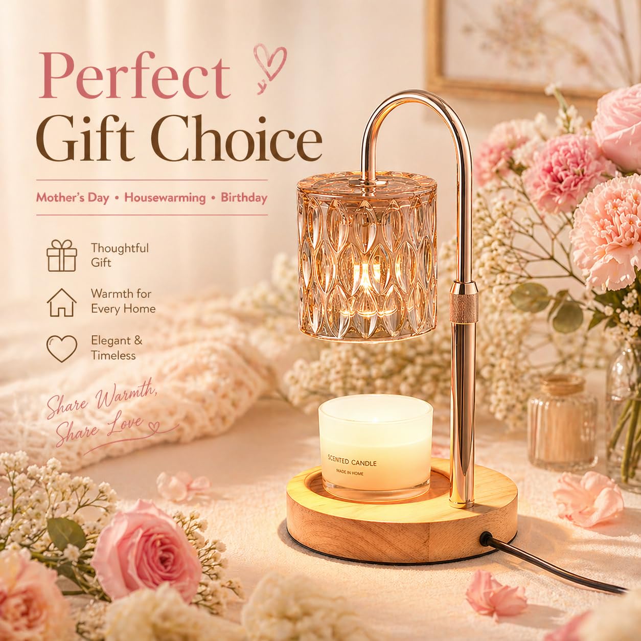 Candle Warmer Lamp with Timer Dimmable Adjustable Height Candle Lamp Warmer with 2 Bulbs Fits All Jar Scented Candles Birthday Gifts for Women House Warming for New Home Decor