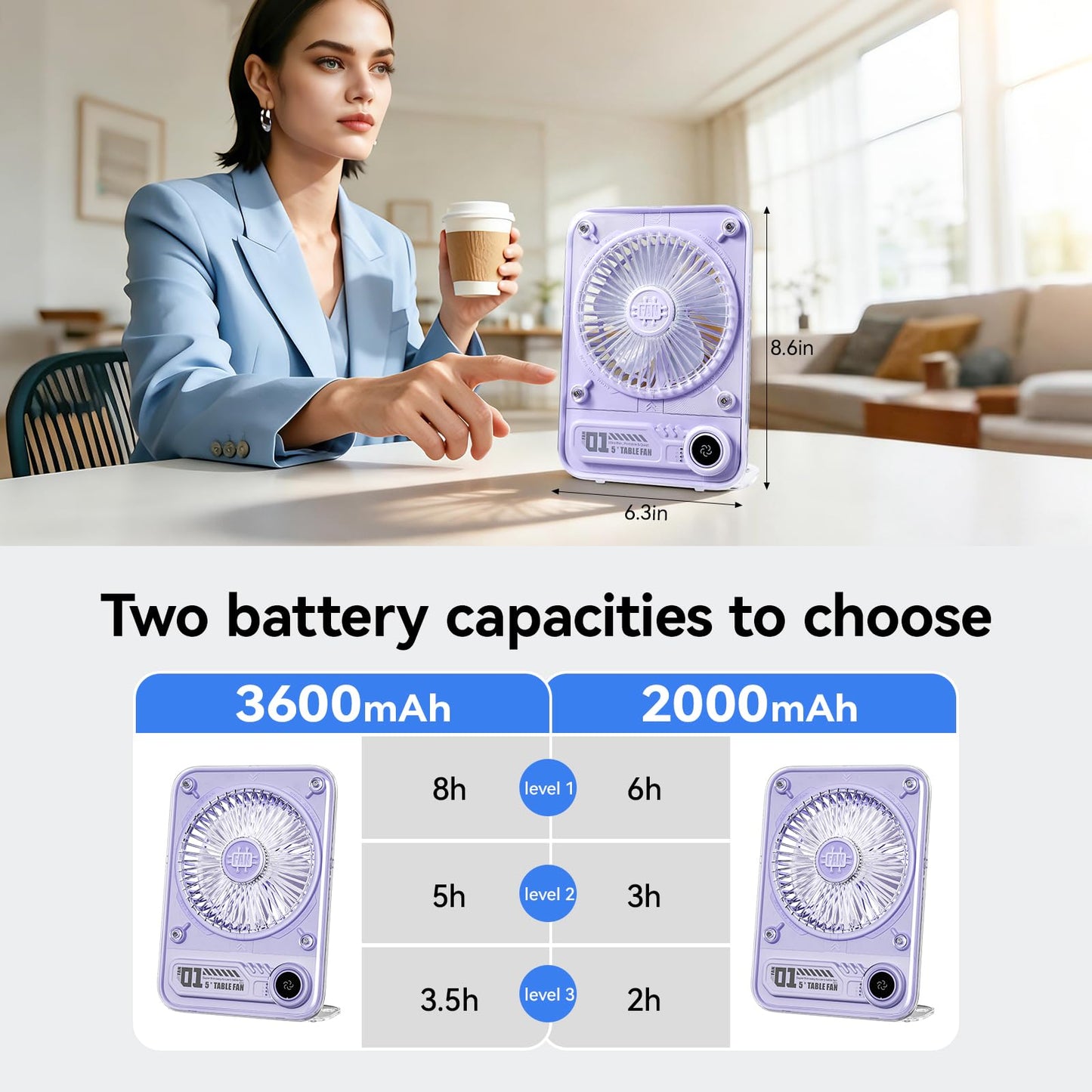 VAVOFO Small Desk Fan Personal Fans 8.6 Inch, Rechargeable 2000mAh Battery Operated Portable Fans, 3 Speeds Adjustable Ultra Quiet Fan For Office, Bedroom, Outdoor (Purple, 2000mAh)