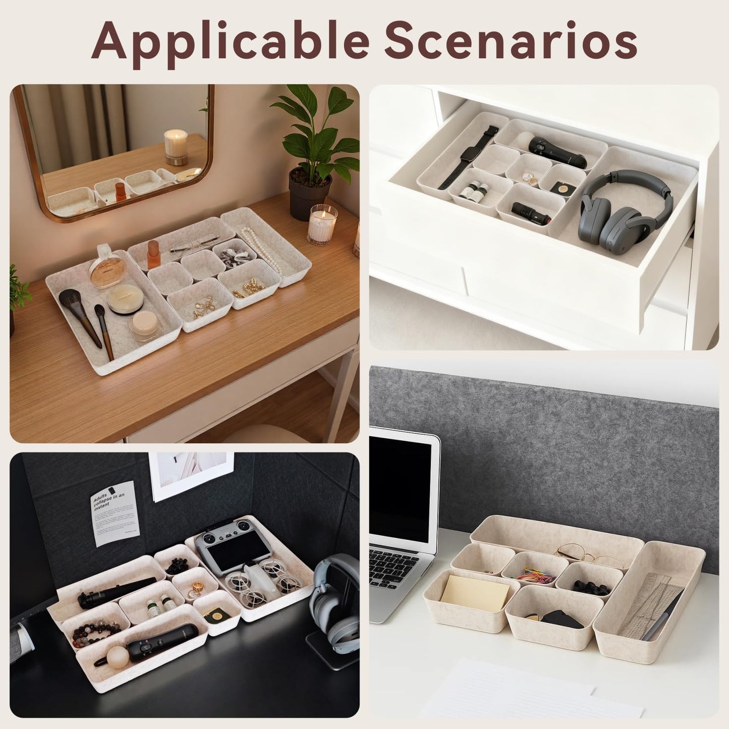 TTUGTTUG 8-Piece Felt Drawer Organizer Set in 4-Sizes, Made from Eco-Friendly Material for Vanity, Makeup, Desk, Office, Kitchen, and Nightstand, Oatmeal
