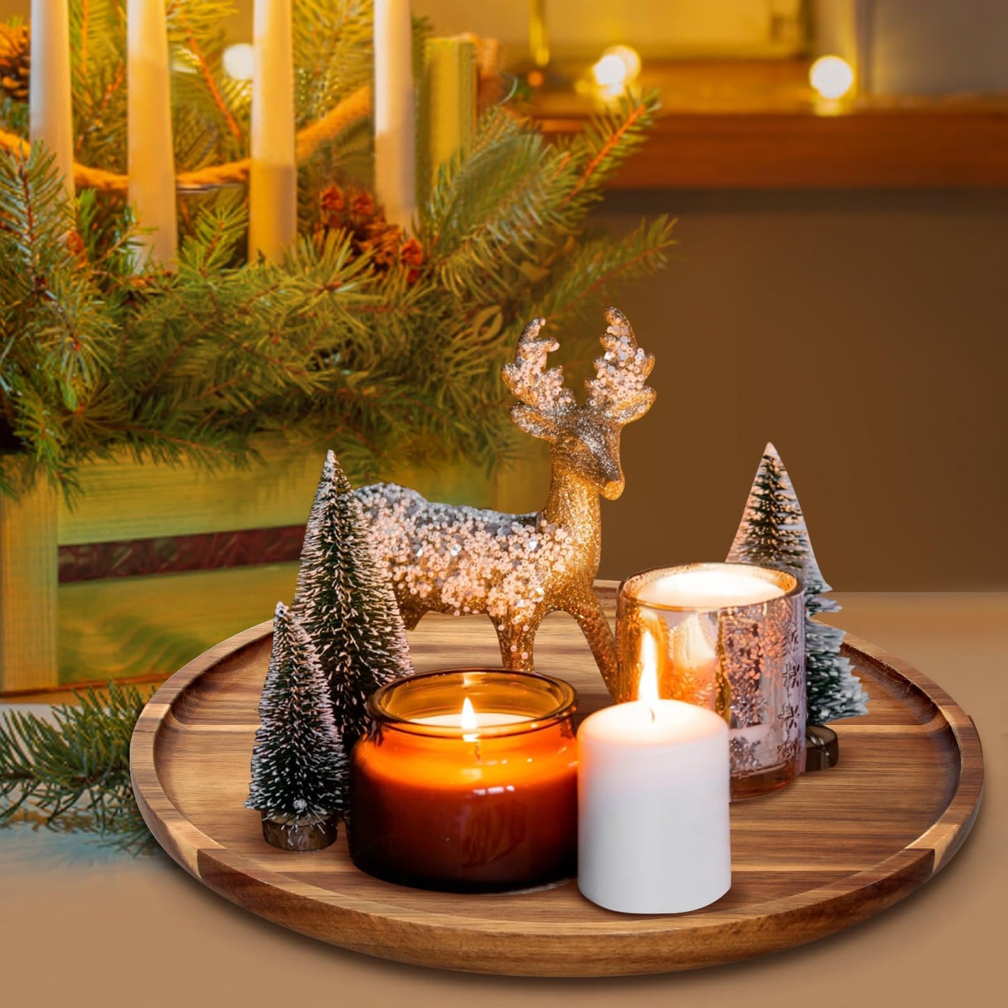 Acacia Round Wood Tray Decorative Serving Trays for Ottoman Coffee Table Candle Holder Tray Kitchen Counter Island Accents Home Decor Circle Circular Wood Centerpiece Trays for Dining Room Table