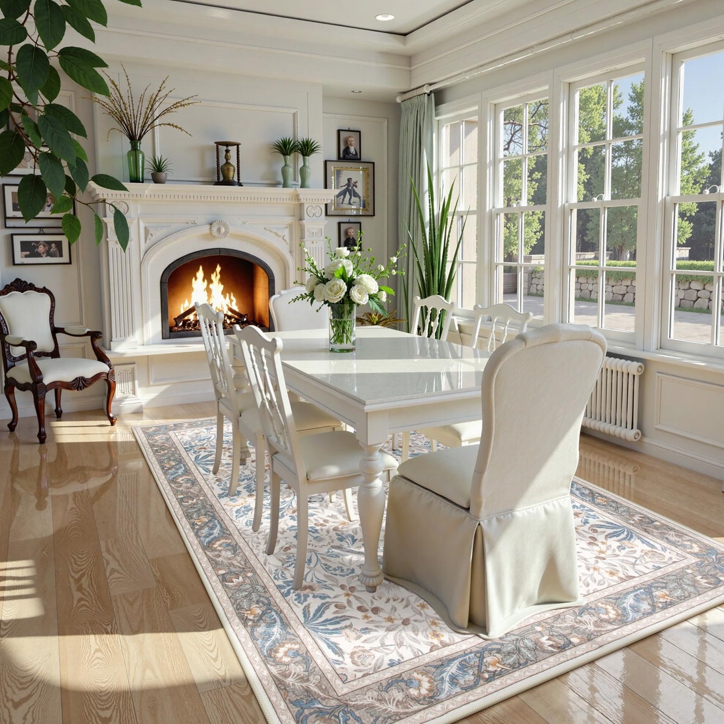 Morebes Floral Washable Area Rugs 5x7, Boho Rugs for Living Room Non Slip, Soft Indoor Floor Throw Carpet Flower Rug for Dining Room Table Bedroom Home Office Playroom Foyer, Beige