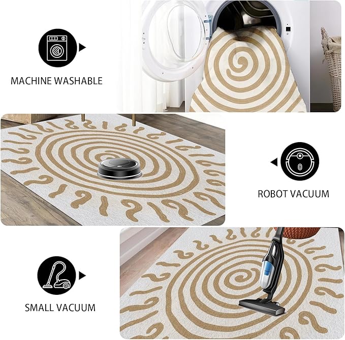 Boho Washable Rugs for Bedroom 4x6, Modern Sun Print Soft Minimalism Area Rug, Non Slip Low Pile Abstract Carpet for Classroom Living Room Decor Dining Room, Beige Yellow