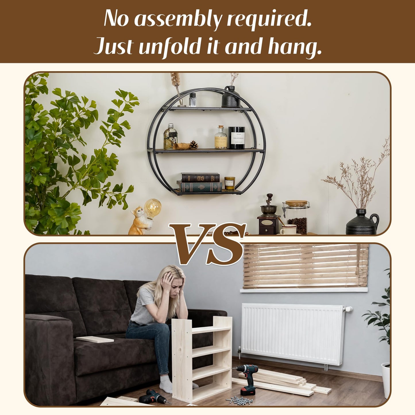 Synovana 3 Tier Industrial Style Foldable Semi-Circle Shaped Wall Shelves