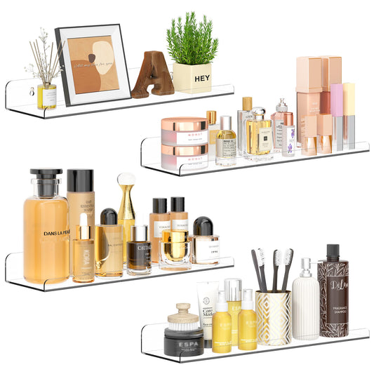 Qukaka Floating Shelves for Wall Decor, 15" Extra Clear Wall Shelves for Bedroom, Living Room, Kitchen, Bathroom Decor, Nail Polish/Book/Decoration/Makeup/Perfume Organizer Floating Shelf-4Pack