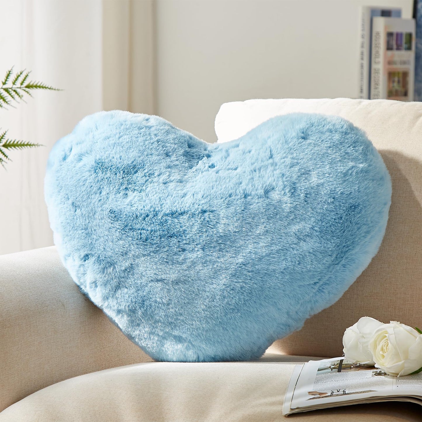 YRXRUS Heart Pillows, Love Heart Shaped Pillow, Small Cute Blue Heart Pillows for Gifts, Faux Rabbit Throw Pillows for Her, Kids, Girls Home Decoration, 10X11 Inch