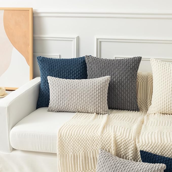 Kevin Textile Blue Throw Pillow Covers Soft Corduroy Decorative Set of 2 Boho Striped Pillow Covers Pillowcases Farmhouse Home Decor for Couch Bed Sofa Living Room 26x26 Inch