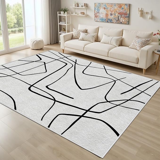 Black and White Rug - Abstract Area Rug, Black and White Rugs for Living Room, Modern Minimalist Washable Rugs, Contemporary Carpet Non Slip Home Decor, Curve 6x8