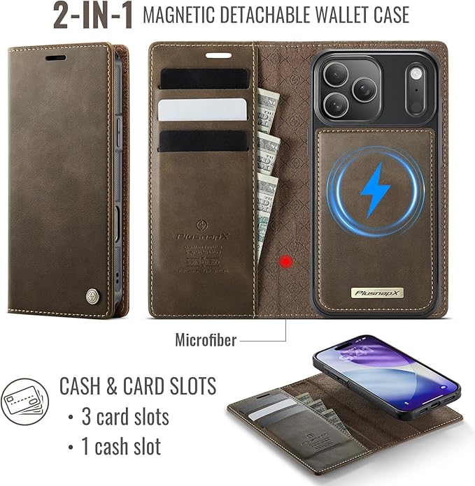 PlusnapX Wallet Case for iPhone 17 Pro Compatible with Magsafe, 2-in-1 PU Leather Flip RFID Blocking Card Holder Stand Shockproof Magnetic Detachable Cover for iPhone 17 Pro Case 6.3", Brown