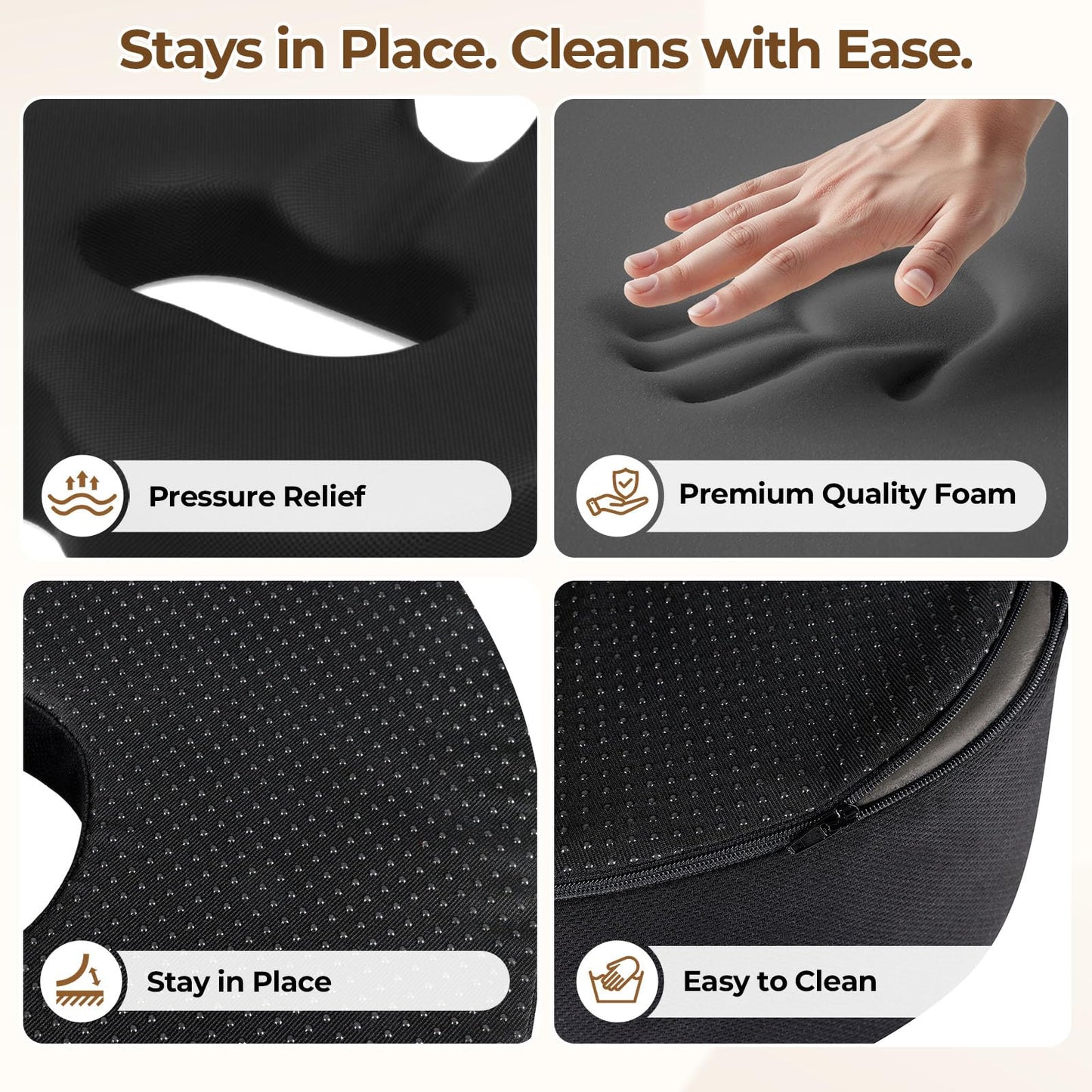 TushGuard Ergonomic Donut Pillow Seat Cushion with Raised Rear Support, Large Memory Foam Lifting Cushions for Tailbone, Hemorrhoids & Sciatica Relief, Office Chair, Car, Travel, Postpartum, Black
