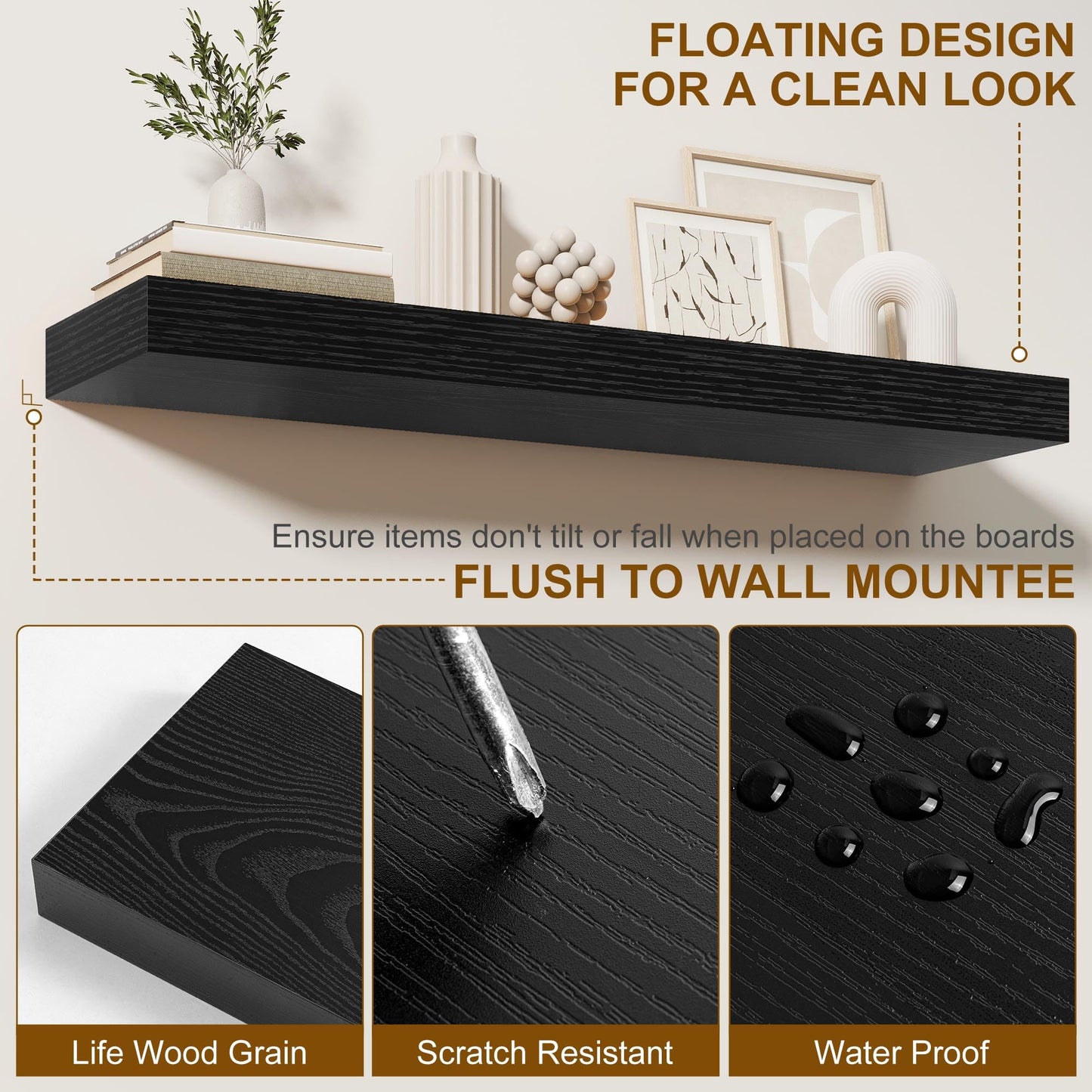 Fun Memories Floating Shelves for Wall, 20Inch Floating Shelves Set of 2, Hanging Shelf with Invisible Brackets, Wood Shelves for Living Room, Bedroom, Kitchen, Black