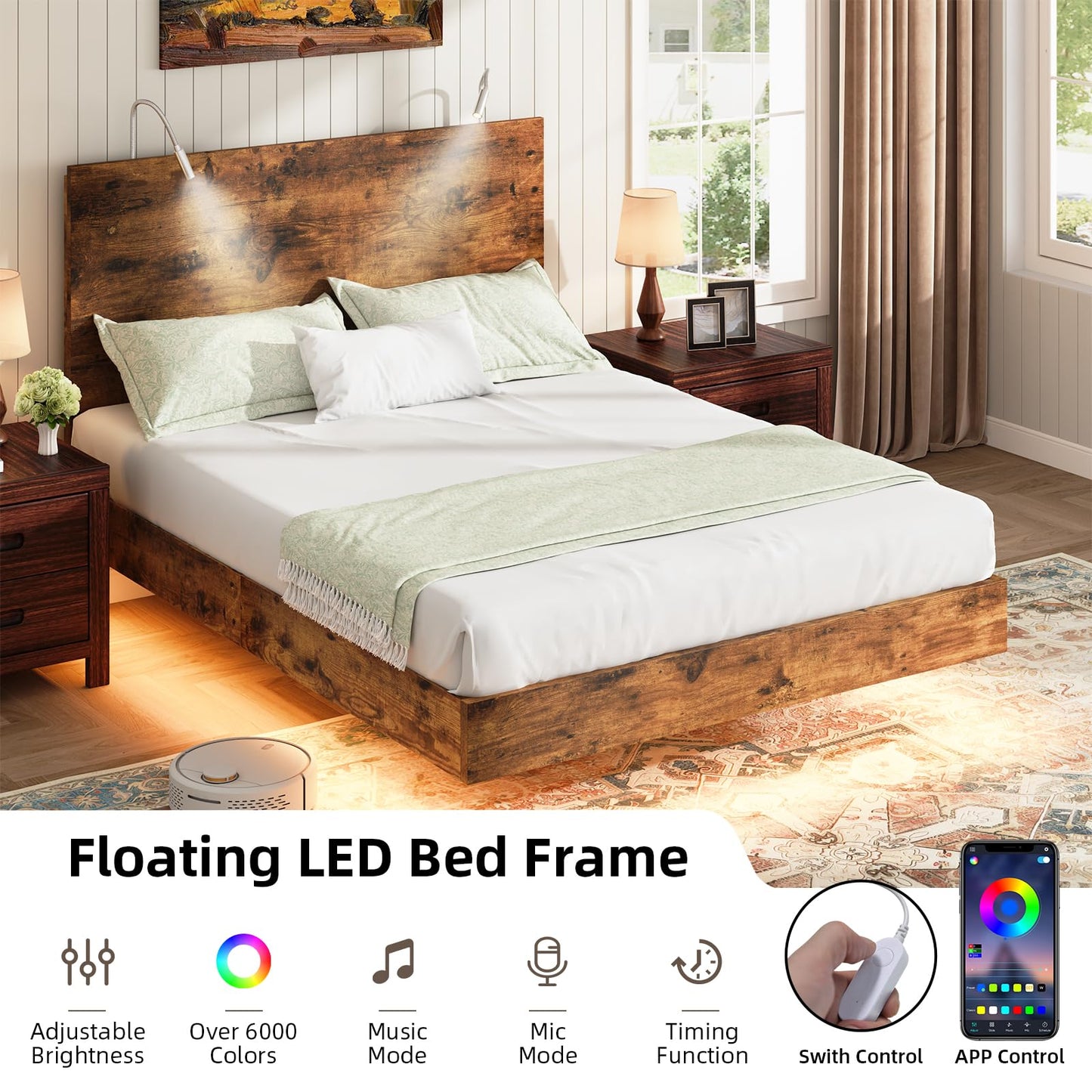 BarnFurin Floating Bed Frame Full with Led Lights, Wooden Bed Frame with Reading Light Headboard, Heavy Duty Metal Slats, No Box Spring Needed, Easy Assembly, Rustic Brown