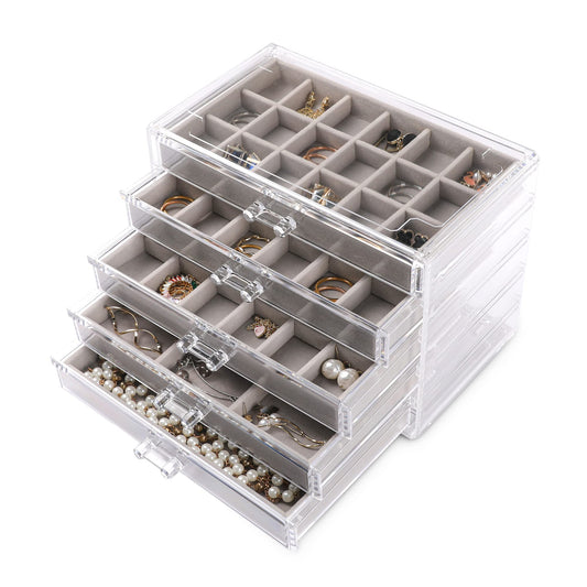 Frebeauty Acrylic Jewelry Organizer Earring Organizer Box with 5 Drawers Earring Holder Organizer with Velvet Trays Clear Jewelry Box for Women Earring Display for Rings Studs(Grey)