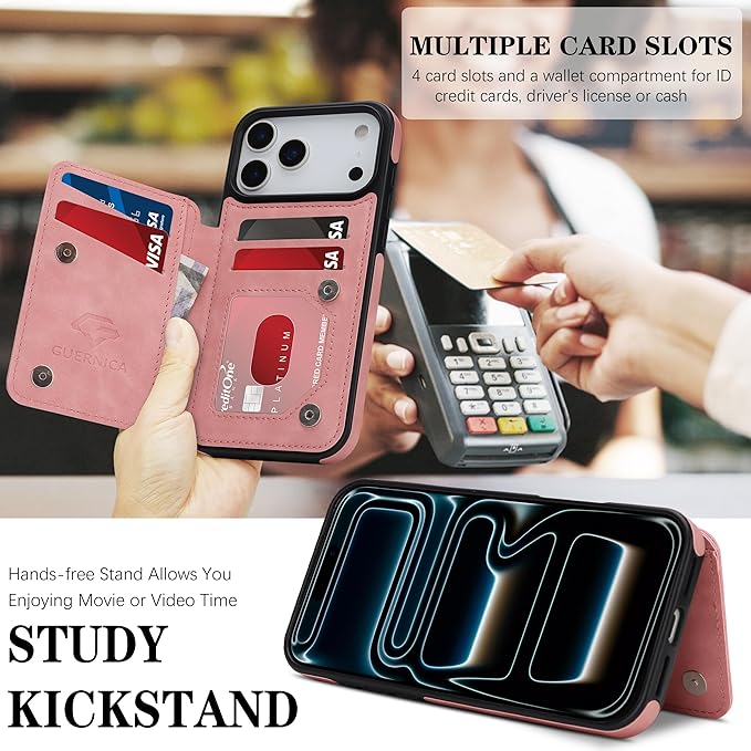 GUERNICA for iPhone 17 Pro Max (6.9") Case Wallet with Card Holder, RFID Blocking Leather Protection, Shockproof Women Men Phone Case for Apple 17 Pro Max, Pink