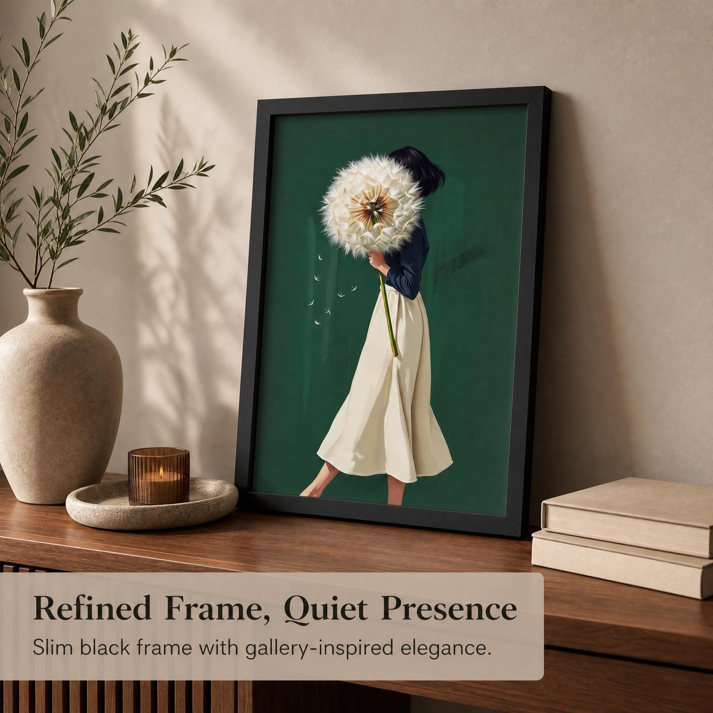 Framed Emerald Green Wall Art Woman With Dandelion Art Prints Modern Women's Minimalist Pictures Soft Botanical Painting Artwork for Living Room Bedroom Home office Wall Decor