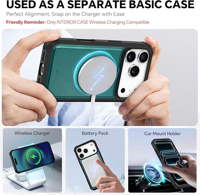 TUCCH 2-in-1 Removable Case Wallet for iPhone 17 Pro (6.3") 2025, Detachable Wrist Strap, 4 Card Holders RFID Blocking, Wireless Charging, Stand, Magnetic, PU Leather Shockproof Cover, Bluish Green