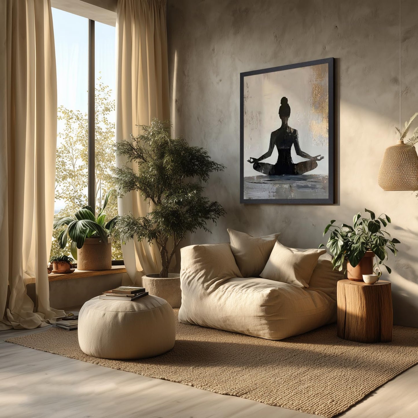 GELDSTEI Wood Framed Zen Wall Art, Modern Yoga Girl Canvas Painting, Tranquil Meditation Wall Decor, Spiritual Aesthetic Picture, Calming Mindfulness Poster Prints for Living Room Spa Yoga 12x16 Inch