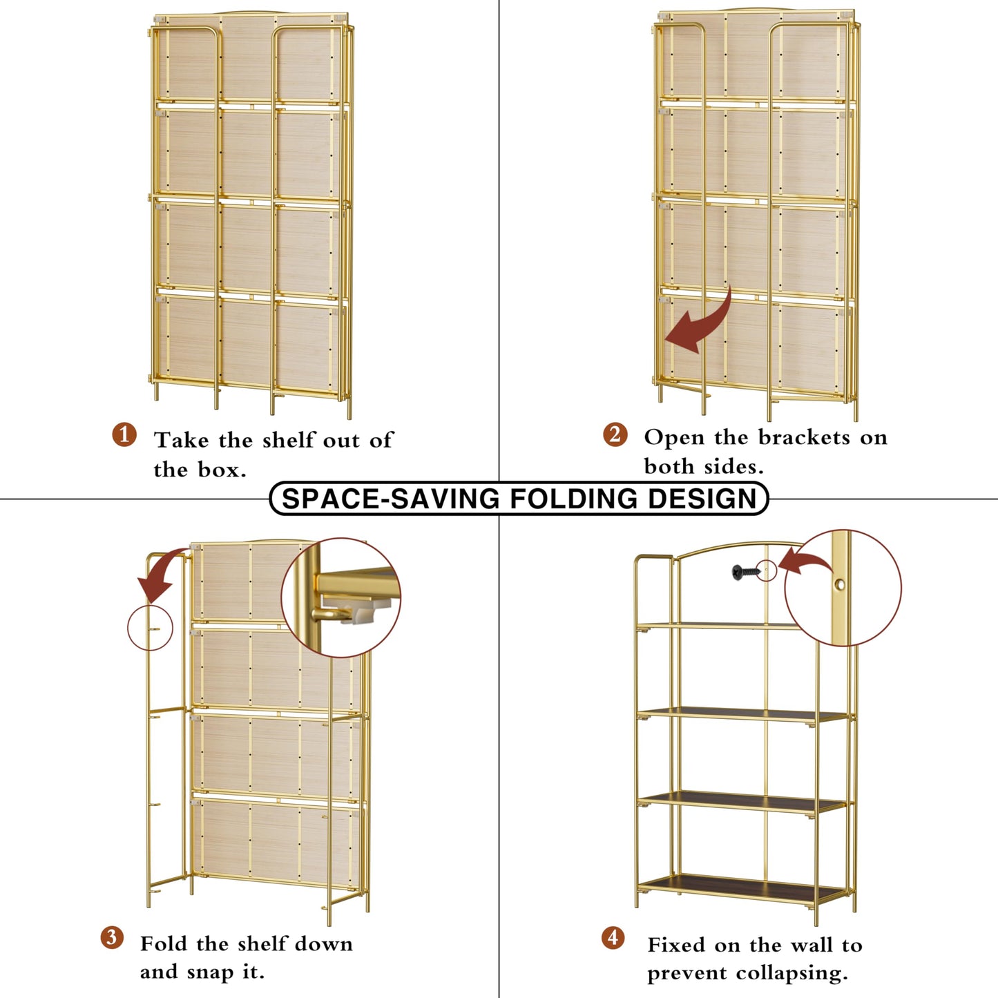 Crofy 4-Tier Wider Foldable Bookshelf, Gold Frame & Walnut Shelves