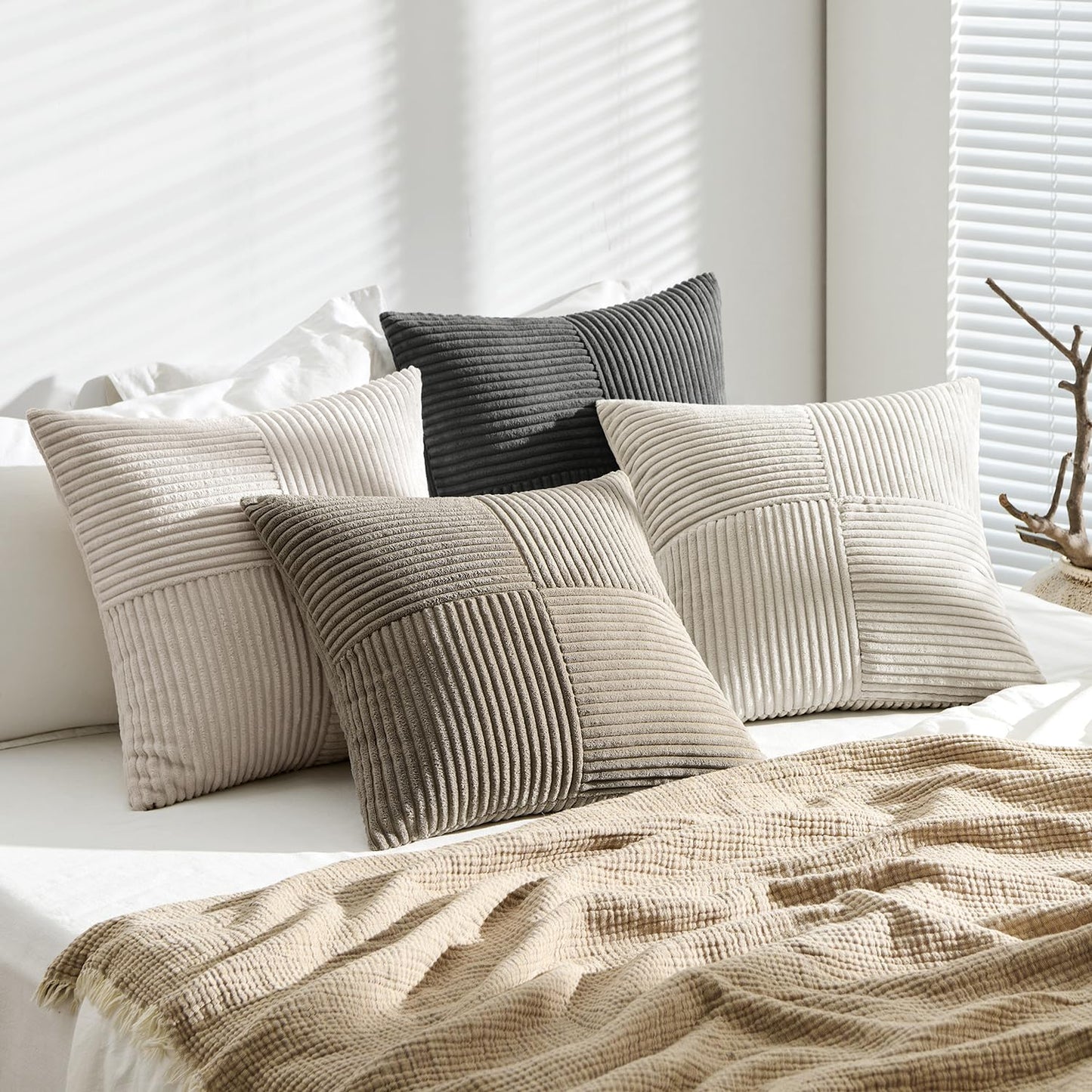 ANRODUO Pack of 4 Decorative Throw Pillows for Couch Neutral Gray 18x18 Inch Boho Cozy Soft Corduroy Cushion Covers Farmhouse Accent Pillowcases for Mid Century Summer Home Decor Sofa Bed Living Room