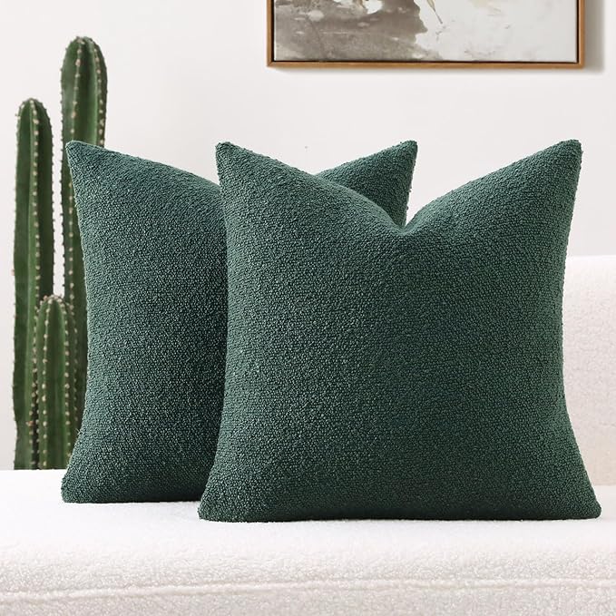 FUTEI Christmas Pack of 2 Dark Green Decorative Throw Pillow Covers 20x20 Inch Soft Cozy Solid Boucle Textured Cushion Case,Modern Home Decor for Couch Bed Living Room