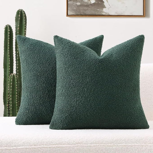 FUTEI Christmas Pack of 2 Dark Green Decorative Throw Pillow Covers 24x24 Inch Soft Cozy Solid Boucle Textured European Cushion Case,Modern Home Decor for Couch Bed Living Room