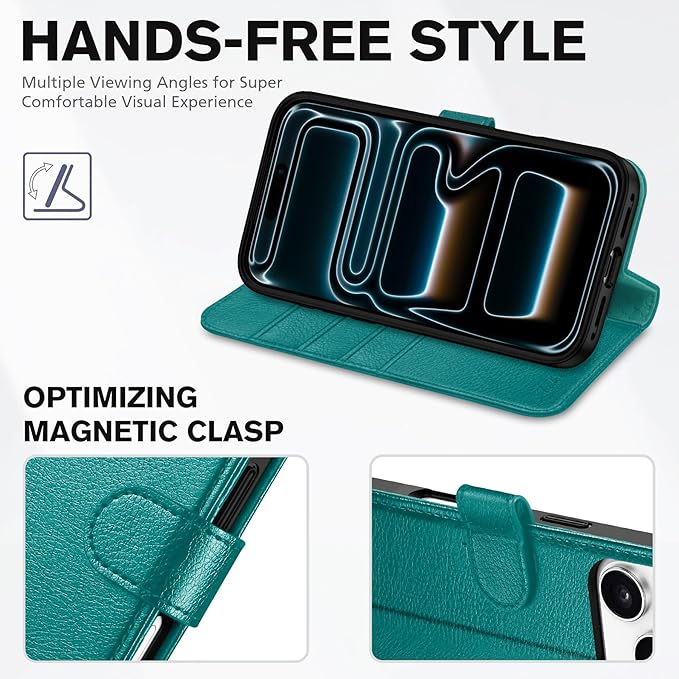 TUCCH Wallet Case for iPhone 17 Pro (6.3") 2025, 4 Card Slots | RFID Blocking | Stand | PU Leather | Magnetic Closure | Protective Flip Folio Cover | Shockproof TPU Shell | Cyan