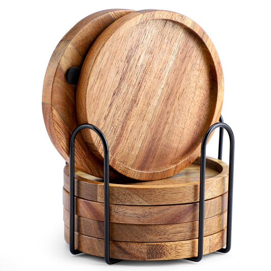 WLWNWFT Acacia Wood Coasters for Drinks with Lip 3.94in, Round Drink Coasters with Holder for Coffee Table Dining Table Wooden Table Coasters for Farmhouse Desk, Set of 6