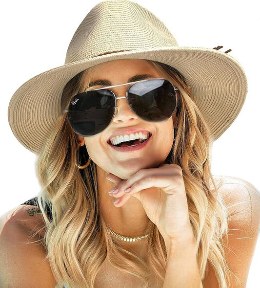 FURTALK Sun Hats for Women Summer Wide Brim UV UPF 80+ Panama Fedora Foldable Packable Straw Beach Hat