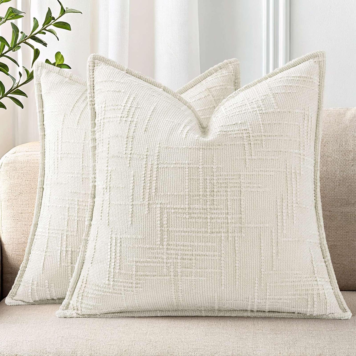 decorUhome Chenille Throw Pillow Covers 26x26 Set of 2, Soft Textured Slubby Modern Decorative Pillow Covers with Elegant Design for Couch, Sofa, Living Room, Cream White