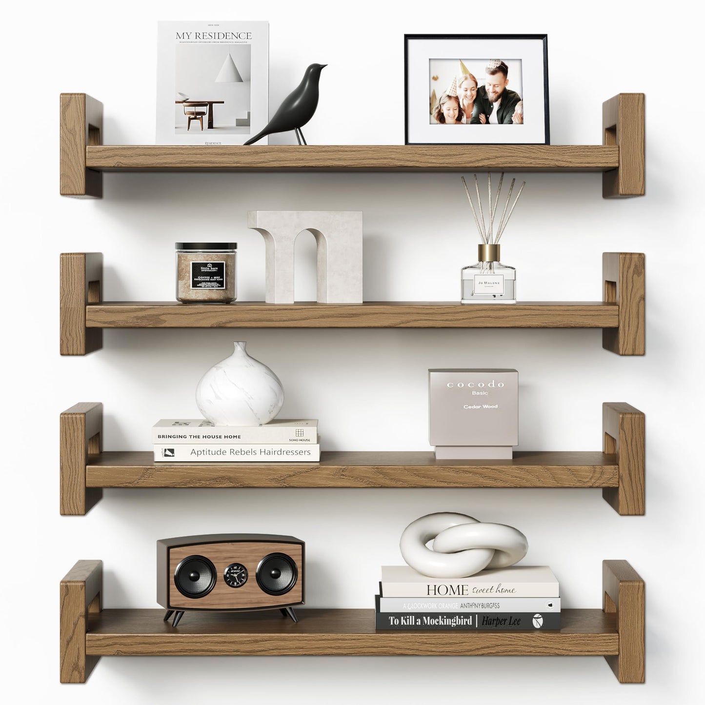 Vailando Floating Shelves 4 Pack, 16" Solid Wood Wall Mounted Rustic Walnut