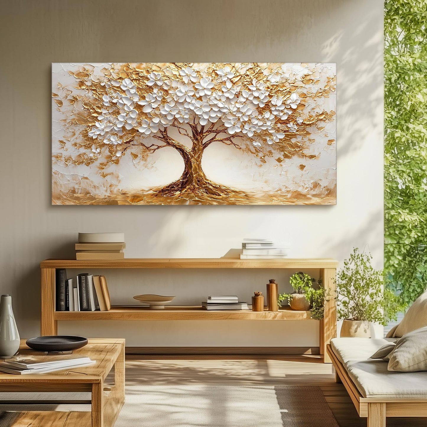 SERIMINO White Gold Tree of Life Wall Art, Blooming Flower Tree Extra Large Artwork, Abstract Landscape Canvas Art Prints, Modern Oversized Pictures Wall Decor Living Room Office Ready to Hang 29"X57"