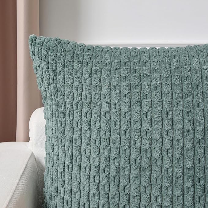 Kevin Textile Decorative Pillow Covers Set of 2 Striped Plush Corduroy Pillows Pillowcases Boho Home Decor Cushion Covers for Couch Sofa Bed Living Room 22x22 Inch, Teal Green