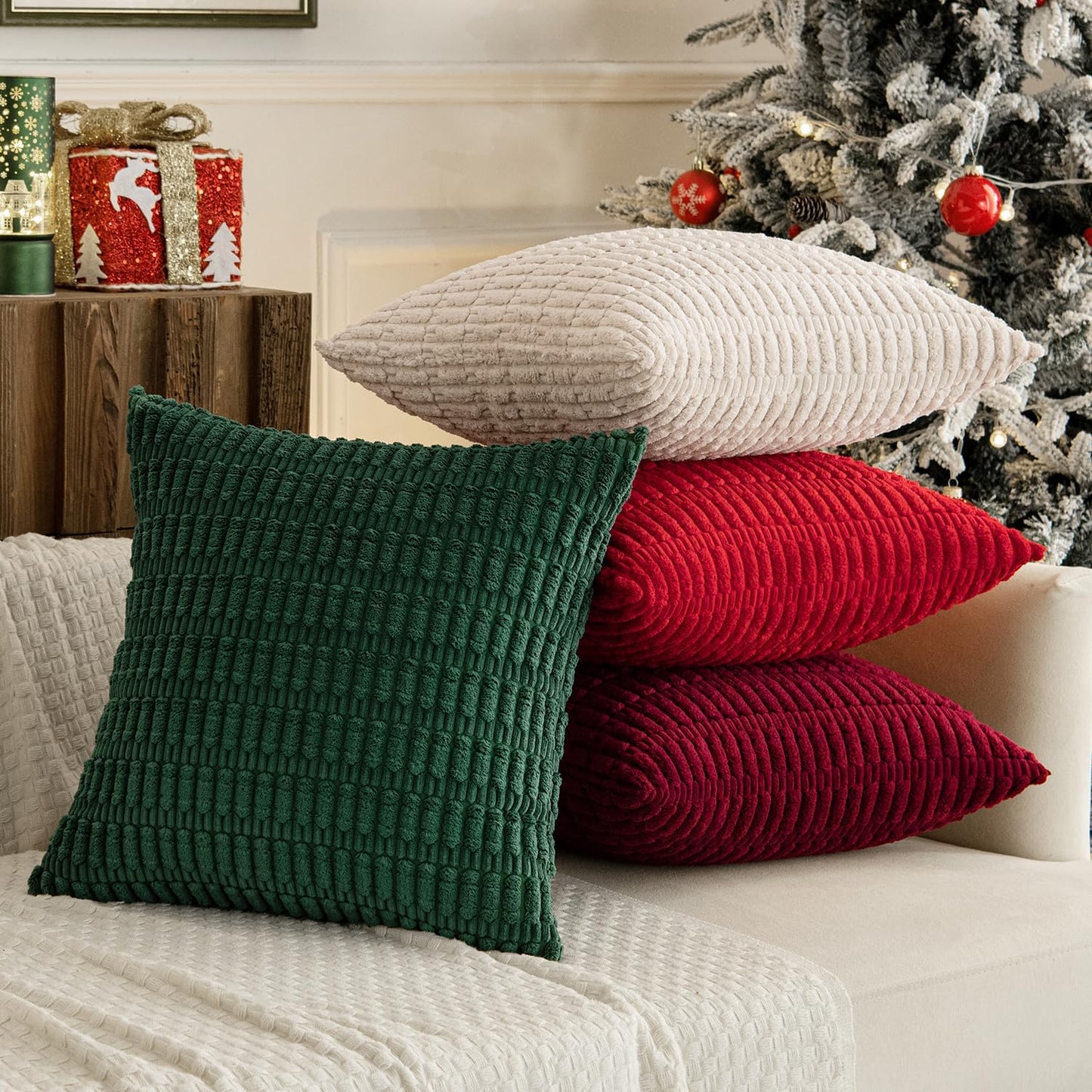 MIULEE Pack of 4 Christmas Boho Farmhouse Red and Green Corduroy Decorative Throw Pillow Covers 18x18 Inch Retro Soft Striped Pillow Covers Home Decor for Sofa Living Room Couch Bed
