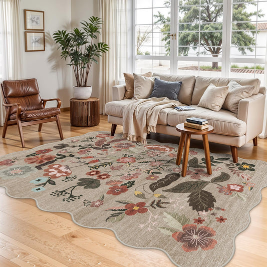 5x7 Area Rugs for Living Room: Floral Scalloped Non-Slip Washable Bedroom Rug for Nursery Office - Wildflower Ultra Thin Soft Low-Pile Throw Carpet for Boho Vintage Home Decor (5X7 Beige-Brown)