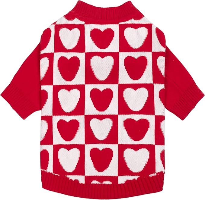 Fitwarm Checkered Heart Dog Sweater, Cozy Valentines Outfit for Small Dogs Girl, Festive Pet Clothes, Red, White, XS