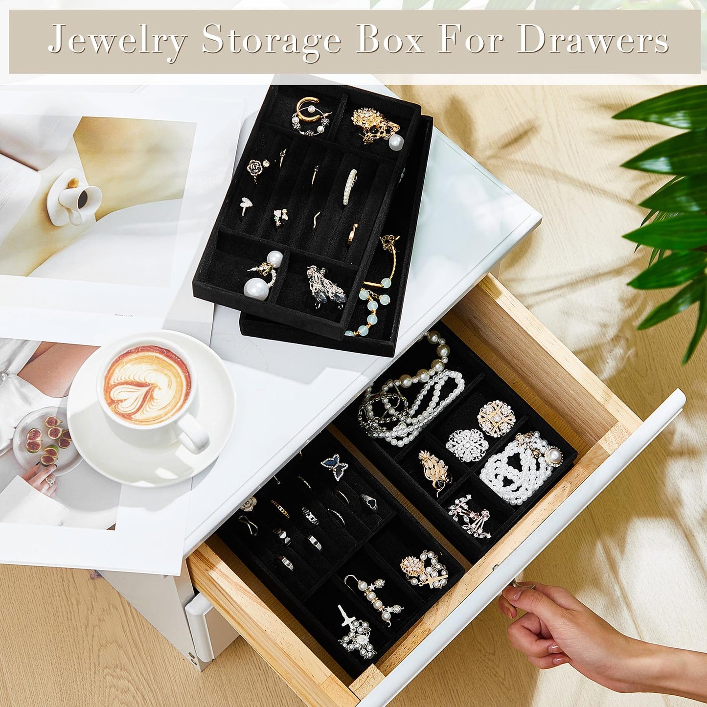 Junkin 18 Pcs Velvet Jewelry Tray, Stackable Jewelry Organizer Trays for Drawer, Jewellery Box Divided Display Tray, Jewelry Inserts for Drawer for Rings Earring Bangle Necklaces(Black)