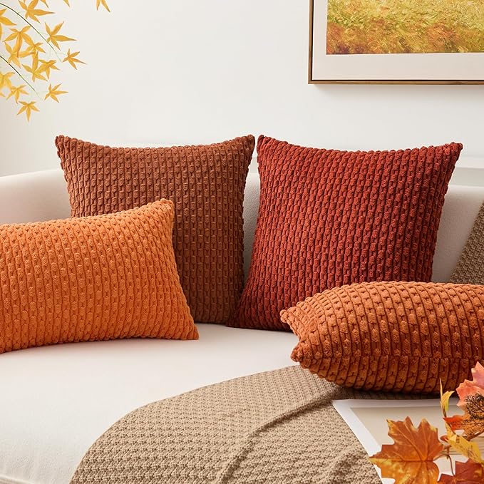 Kevin Textile Fall Pack of 2 Corduroy Decorative Throw Pillow Covers 18x18 Inch Soft Boho Striped Pillow Covers Modern Farmhouse Home Decor for Spring Sofa Living Room Couch Bed Orange