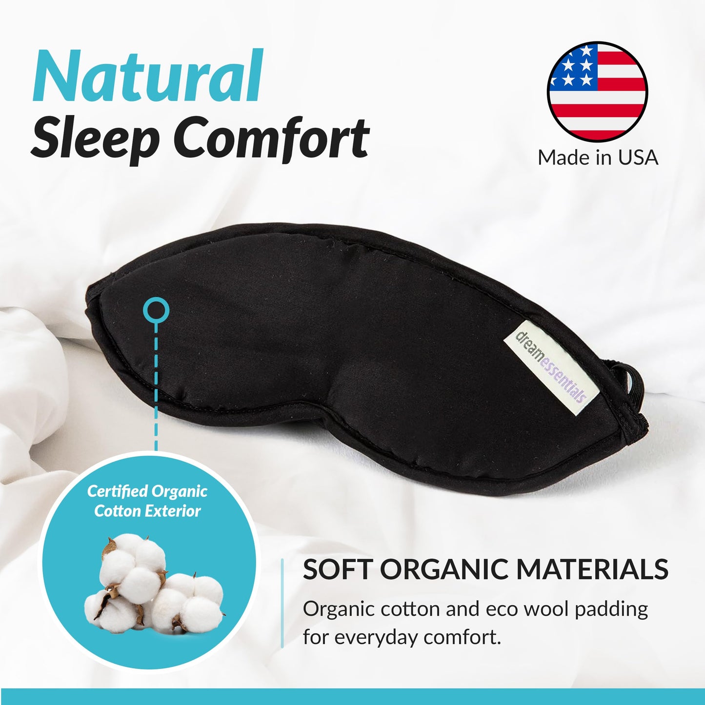 Dream Essentials Natura Organic Cotton Sleep Mask | Midnight Black | Eye Mask for Sleeping, Light Blocking Soft Sleep Eye Cover with Eco Wool Padding | Made in USA Travel Accessories
