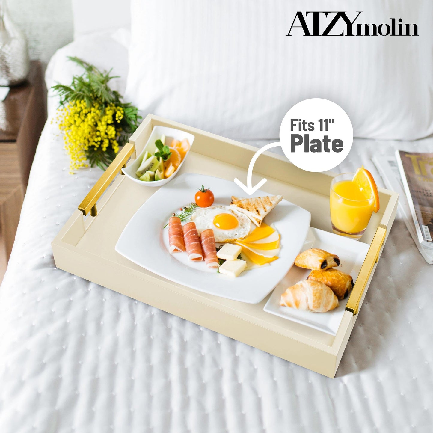ATZYmolin Leather Serving Tray with Gold Polished Metal Handles, Home Decorative Wooden Rectangle Ottoman Decor Platter Bathroom Vanity Tray for All Occasions Cream