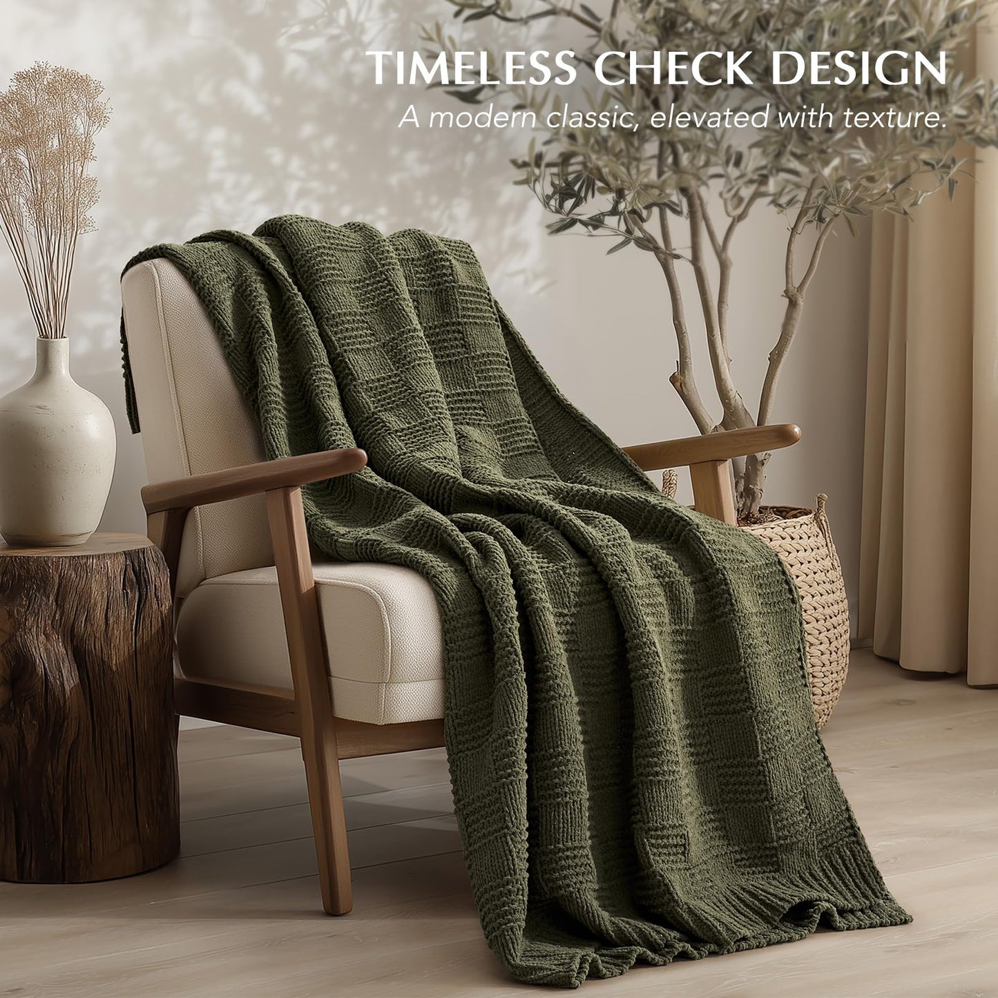 EVERGRACEHOME Modern Checkered Chenille Throw Blanket, Soft Cozy Plaid Knitted Chair Blanket for Sofa Couch, Decorative Knit Throw for Bed and Living Room, Olive Green, 50" x 60"
