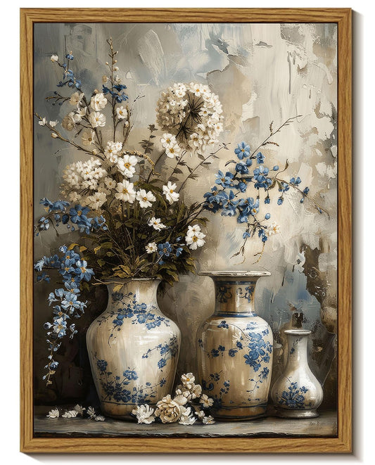 Framed Rustic Farmhouse Floral Canvas Wall Art Blue and White Vase Poster Prints Vintage Still Life Flower Picture Elegant Rural Countryside Painting Wall Decor for Living Room Office Bedroom 8x10in