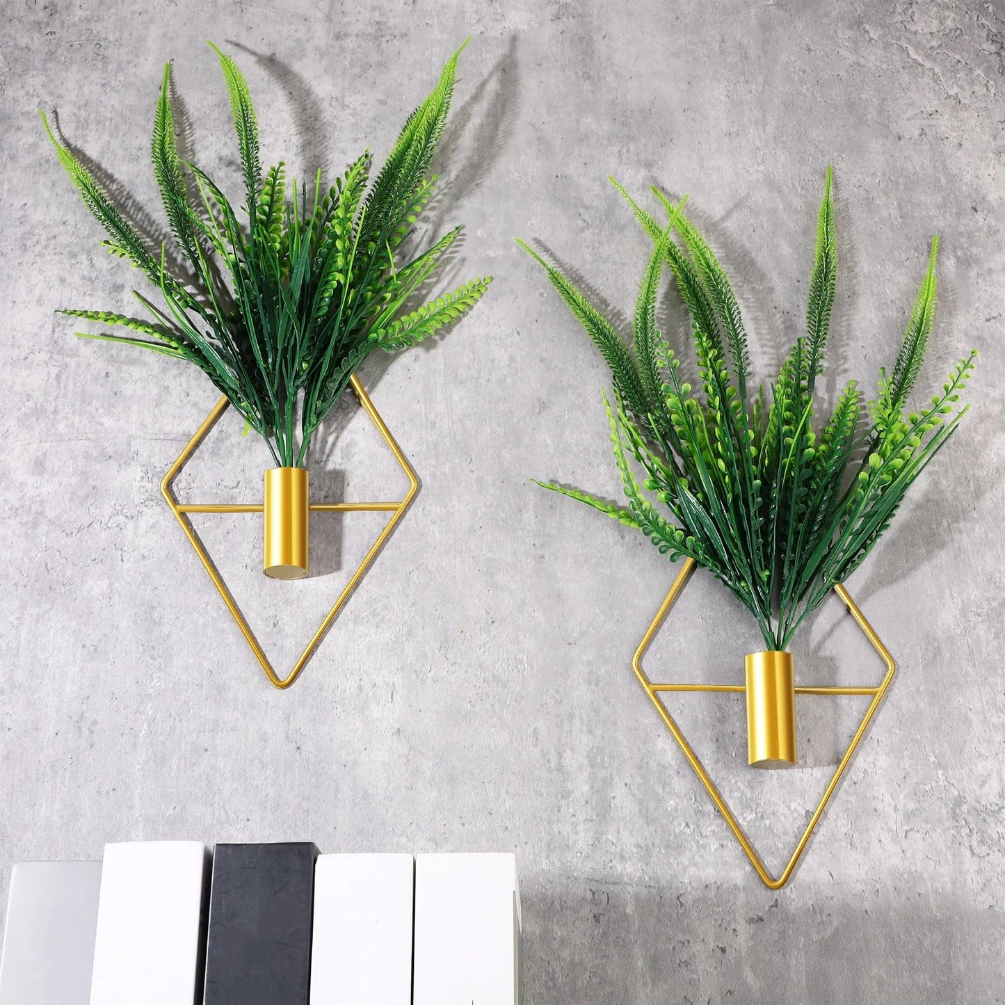 Canlierr 2 Pieces Gold Wall Decor Hanging Planters with Artificial Plants Metal Vase Indoor Plants Holder Modern Geometric Wall Art for Home Bathroom Bedroom Living Room Office(Boston Fern,Large)