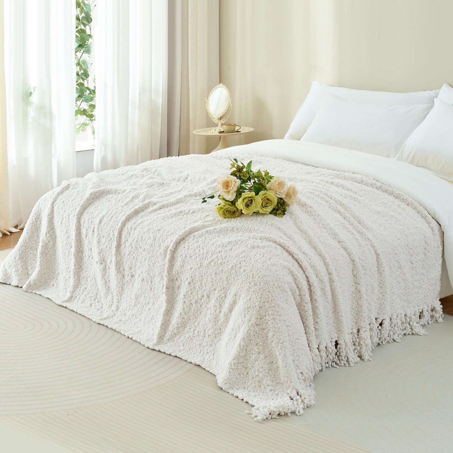 LONG CREATE Throw Blanket for Couch, White Luxury Knitted Throws 50"x60", Textured Blankets with Handmade Fringe Tassels for Bed Sofa Decorative, Chunky Soft Farmhouse Boho Home Decor