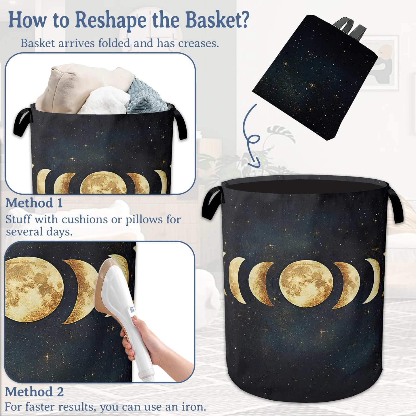 Lunar Phases Laundry Basket,Foldable Oxford Cloth Moon Laundry Hamper with Handles, 20.8"x16" Tote Bag Clothes Storage Bucket for Laundry Room/Bathroom/Bedroom/Dormitories