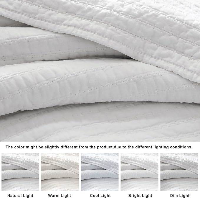 WDCOZY 100% Cotton King Size Quilt Set - White Striped Pick Stitch Soft Lightweight Bedspread, Textured Like Linen, Farmhouse Country Rustic Coverlet, Shabby Chic Gauze Bedding, 3 Pieces