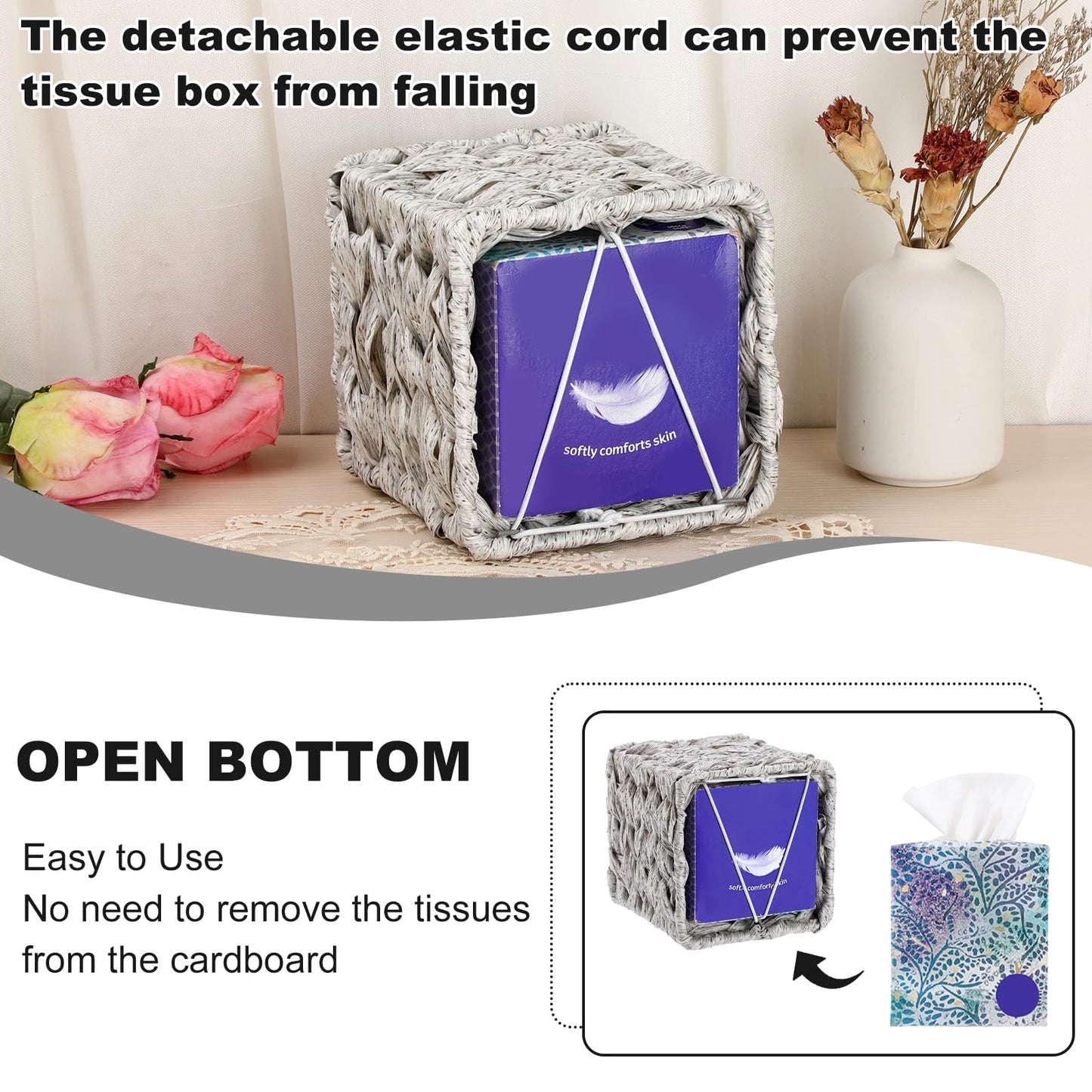 Sumnacon Wicker Tissue Box Cover, Square Tissue Box Holder, Hand Woven Facial Tissues Dispenser, Decorative Boho Tissue Box Organizer for Bathroom Bedroom Kitchen Office Table Desk Counter