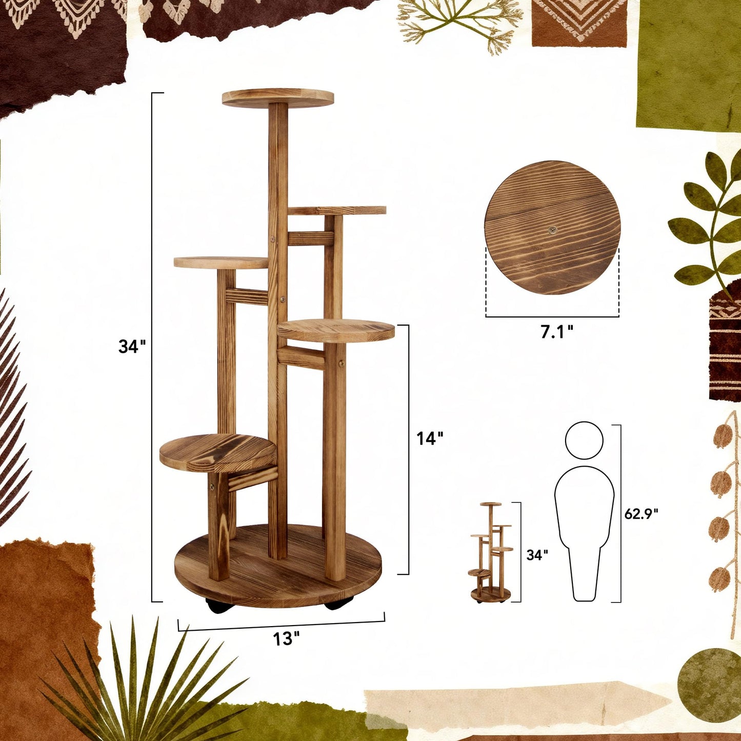 GEEBOBO 5 Tiered Tall Plant Stand for Indoor, Wood Plant Shelf Corner Display Rack, Multi-tier Planter Pot Holder Flower Stand for Living Room Balcony Garden Patio (Brown)