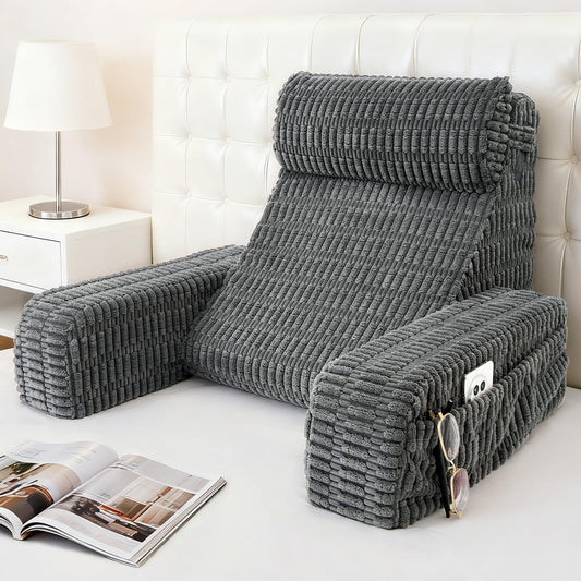 Selectico 19" Reading Pillow for Bed with Built-in Arms & Large Pockets, Supportive Backrest Cushion for Reading, Resting, or Reclining, Washable Cover – Grey
