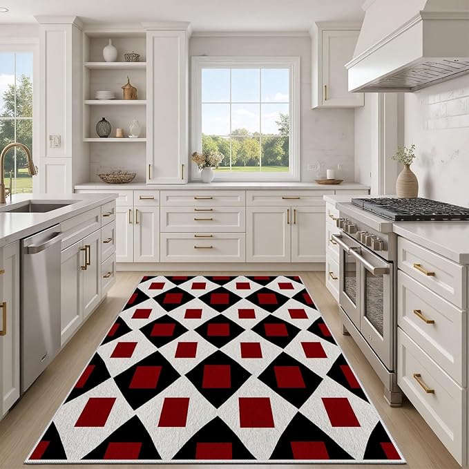 Plaid Rug 5x8, Vintage Geometric Soft Ultra Soft Faux Wool Low Pile Rug, Indoor Floor Mats Carpet, Non-Slip Stain Resistant Washable Rugs, Modern Red Rugs for Living Room Home Office Decor